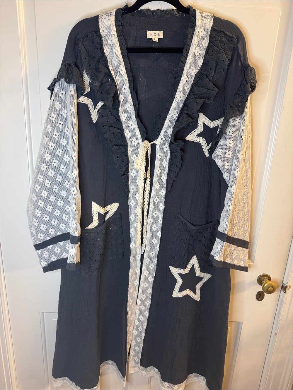 POL Navy Duster with crème Star Appliqués & Lace Trim